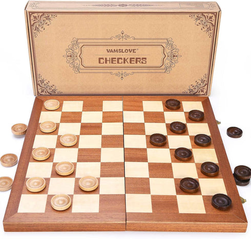 VAMSLOVE 14inch Checkers Folding Wooden Game Set, Classic 8x8 Checkerboard with Pieces Storage Slots (Instructions