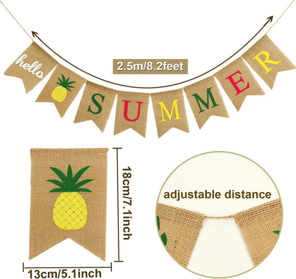Hello Summer Burlap Banner - Rustic Summer Banner with Flamingo Pattern for Pool Party, Beach Party, Barbecue Party