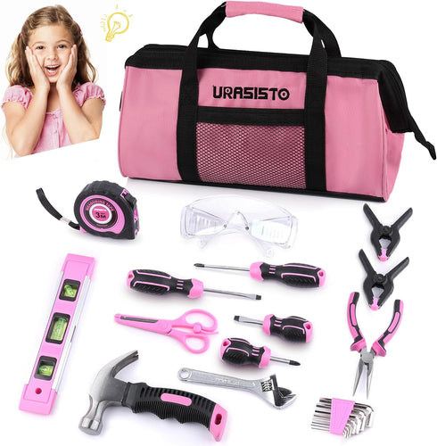 URASISTO 22-Piece Kids Tool Set with Storage Bag, Pink Junior Real Hand