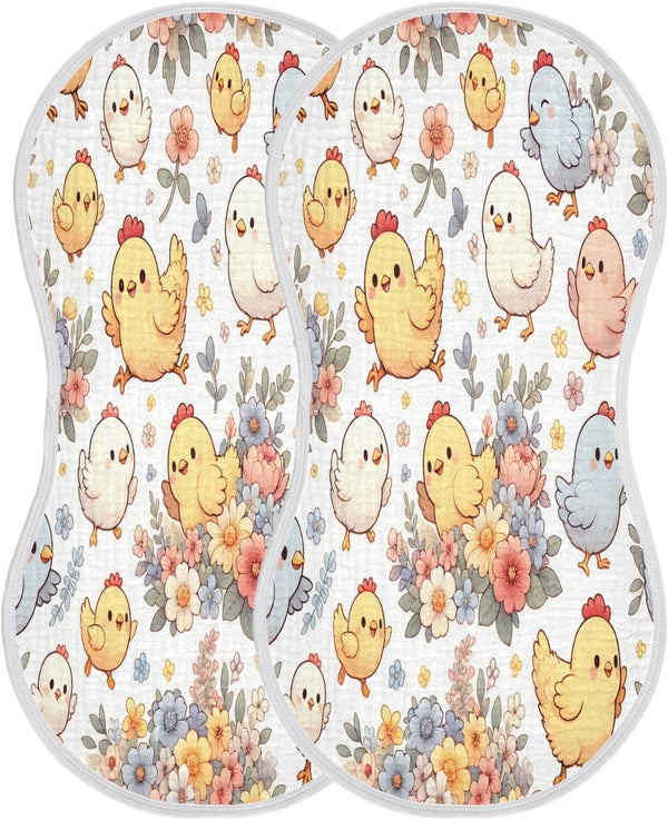 Flradish 4 Pack Cute Cartoon Chickens Muslin Baby Burp Cloths & Bibs Set