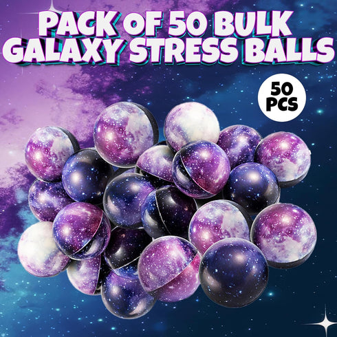Pack 50 Galaxy Stress Balls for Kids - of Bulk - Squeeze Anxiety Fidget Sensory Balls for Children with Outer Space