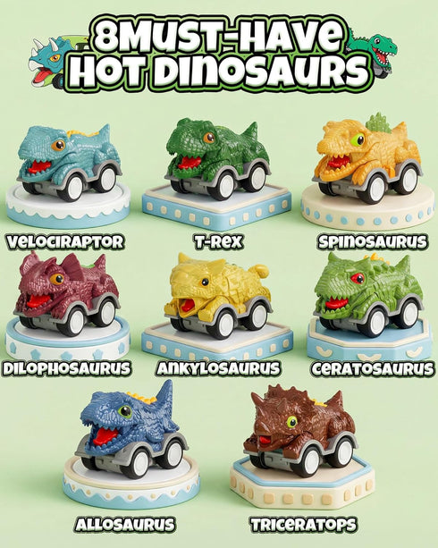 Cozycharm 8PCS Set Dinosaur Pull Back Cars for Kids Toddlers, Mini Racing Vehicles Toys Party Favors, Goodie Bag