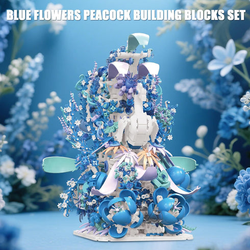 Set (2470 Blue Flowers Peacock Building for Adults - Creative Animal Botanicals Peacock Bird Toy Home Office Art Deocr