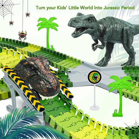 Dinosaur Toys, 252 PCS Create A Dinosaur World Road Race Tracks, Flexible Track Playset, 2pcs Dinosaur Car for 3 4 5 6