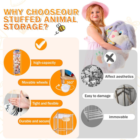 GRETJOB 70x16.5x16.5 Inch 220+ Extra Large Stuffed Animal Storage Organizer with Wheels & Mesh Pockets - Wooden Corner