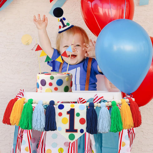 1st Colourful Rainbow Dot High Chair Banner Conical Cap Primary Colors Cake Topper for Boys Girls Birthday Party