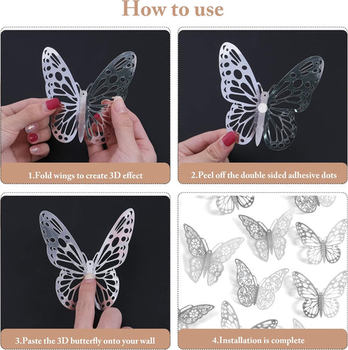 3D Butterfly Wall Stickers, 72Pcs in 3 Sizes and Styles, Removable Metallic Wall Decals for Kids Bedroom Decor