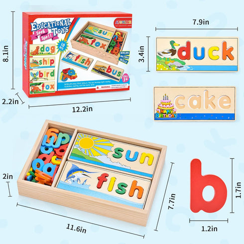 Atoylink Wooden Spell Learning Toys for 2-5 Year Old Kids, Match Letter Spelling Game Board & Letters Educational Toy