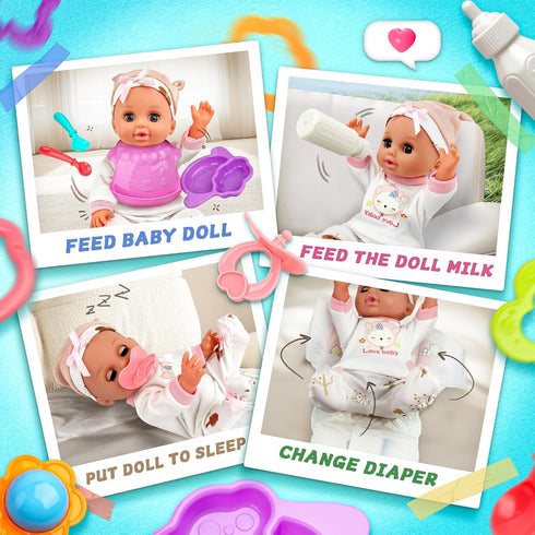14" Set, 1 2 3+ SMILESSKIDDO Baby Doll with Washable Dolls Accessories, Lifelike Soft Babydoll Pretend Play Includes