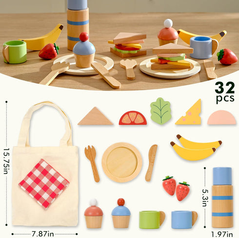 Set, 32 Playset 3+ PairPear Wooden Play Food Pcs Pretend Play Kitchen & Picnic with Carry Bag, Play Kitchen Accessories