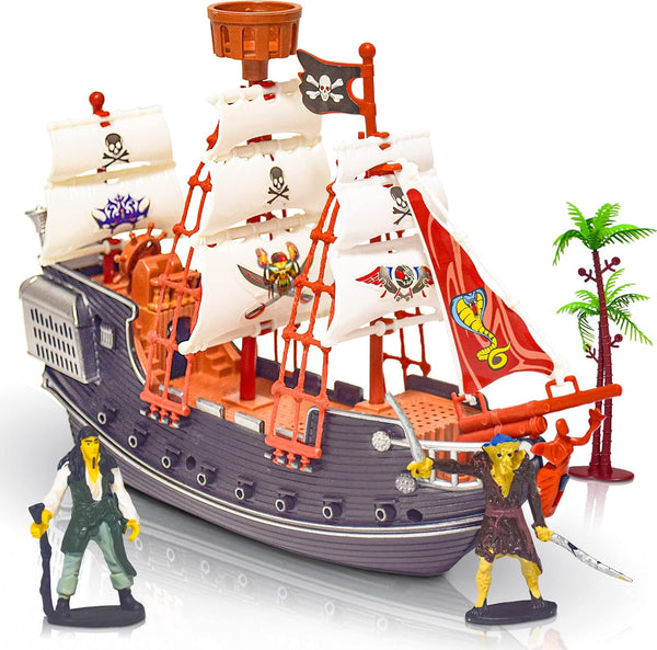 ArtCreativity 10 Inch Pirate Boat Playset | Detailed Pirate Ship with 2 Pirate Action Figures & Tree, Fun Gift for Ages