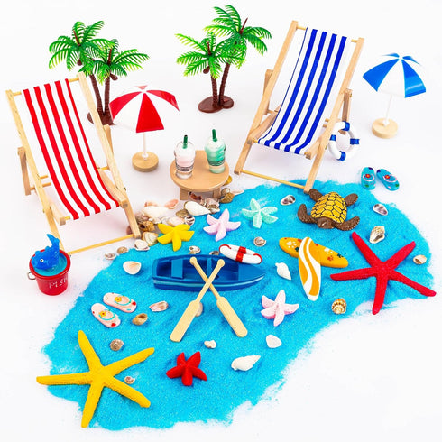 LHSYFBZ 36 Pcs Beach Miniature Dollhouse Decoration, Beach Cake Decorations, Umbrella Palm Chair