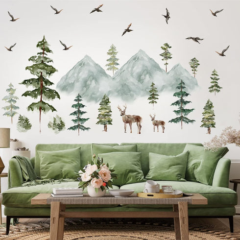 Mountain Wall Decals Large Pine Tree Wall Decals Peel and Stick Forest Tree Deer Birds Woodland Animal Decal Mountain