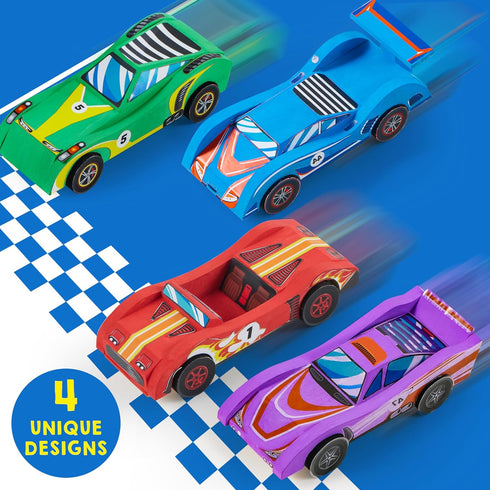 Klever Kits 4 DIY Wooden Race Cars, Build & Paint Your Own Craft Kit, Easy to Assemble Birthday Presents for Kids