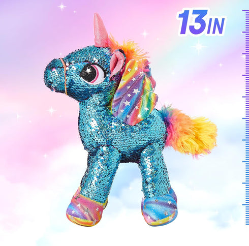 Athoinsu Unicorn Stuffed Animal Plush, Reversible Glitter Sequins, Children's Day Birthday Gift for Girls, Blue, 13"