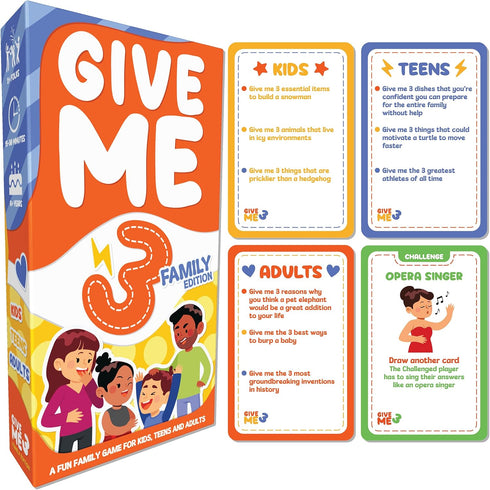 GIVE ME 3 Family Game, Fast Paced Hilarious Party Game, 10 Second Rule for Kids, Teens, and Adults