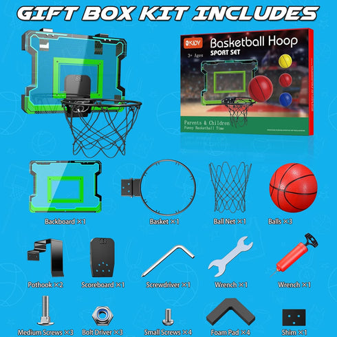 OKKIDY Mini Indoor Basketball Hoop, Light-Up Basketball Hoop with Electronic LED Scoreboard, Small Outdoor Game Toys