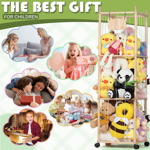 54 inch Stuffed Animal Storage & Organizer, Tall Wooden Cute Zoo Toy Holder with Building Block Storage Bag, Space Save