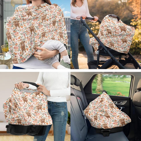 ZDCUSTOM Set 2, Cute Highland Cow Flower Car Seat Cover with U Shaped Pillowcase Cover of Carseat Protectors for Girl