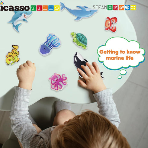 PicassoTiles Magnet Tile Building Blocks, 8 Marine Animal Action Figures Compatible Playset for Kids Toys