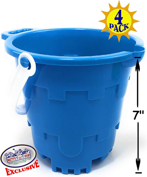 7" Set 4 Pack Matty's Toy Stop Beach Gear Plastic Castle Mold Sand Buckets (Pails) with Easy Pour Spout and Handle