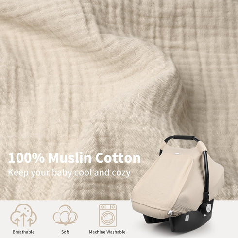 Summer Rquite Car Seat Cover Baby, Carseat Covers Girl Boy, Breathable Muslin Cotton, Large Mesh Window, Infant Car