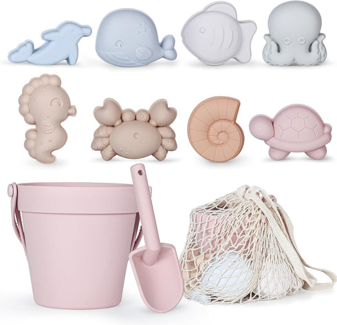MarcZero 11Pcs Silicone Beach Toys,Modern Baby Beach Toys,Travel Friendly Beach Set,Silicone Bucket,