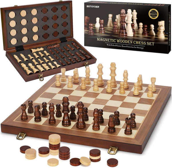 2 in 1 Magnetic Wooden Chess and Checkers Board Game Set, 15"
