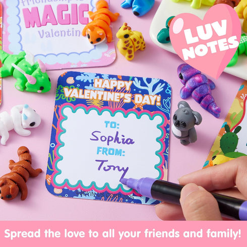 28 3D JOYIN Pcs Printed Mini Animals with Valentine Greeting Cards, Animals Articulated Flexible Fidget Toys for Kids