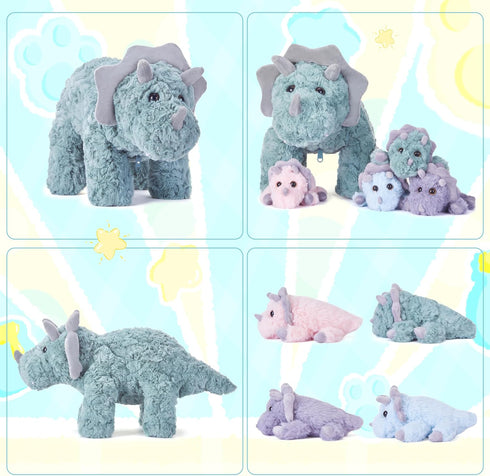 IKASA Triceratops Dinosaur Stuffed Animal Mom and Baby Plush Toy, Cute 18" Huggable Family Set for Kids