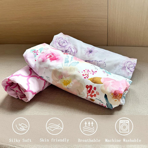 AMROSE 3 Pack Pack Set Soft Mini Crib Sheets, Microfiber N Play Sheets for Baby Girls, Silk Touch Gentle, Fitted