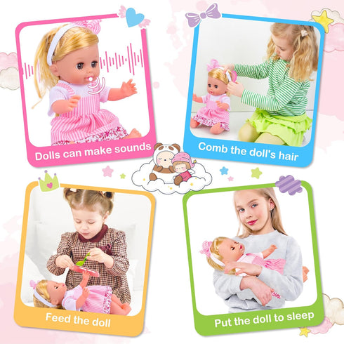 Set, 36PCS Playset, 14'' Backpack, 3 4 5 6+ PROOU Baby Care Doll Toys Dolls Hair Salon Pretend Play Toddler Doll Toys