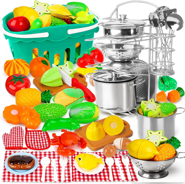 Hayuyuxo 95PCS Kids Pretend Play Kitchen Toys Accessories, Kids Kitchen Playset, Stainless Steel