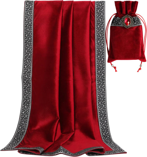 Altar Tarot Table Cloth, 25.6 x 25.6 Inch Velvet with Tarot Cards Bag Pouch (Red with Silver Lace)