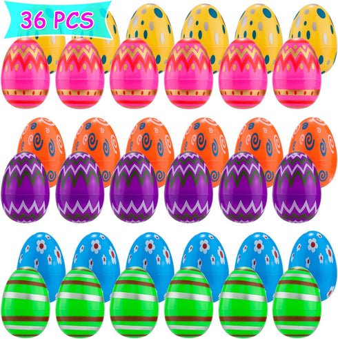 36PCS JIALWEN Plastic Easter Eggs Printed Fillable Eggs Bright Colorful for Easter Theme Party Easter Basket Stuffers