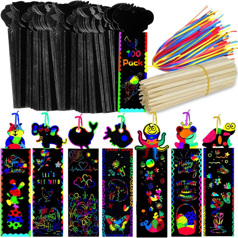 100Pcs Scratch Art Bookmarks Making Kit | DIY Animal Bookmarks with Ribbons and Wood Stylus for Classroom Activities