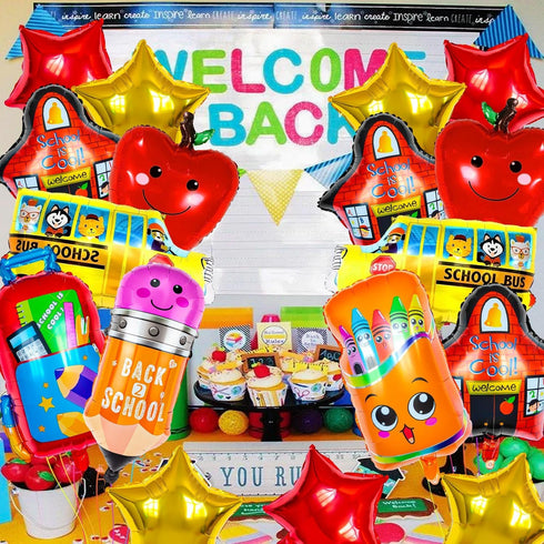 ZHWKMYP 40 Pcs Back to School Foil Balloons, Colorful Apple Pencil Crayon Bus Helium Balloon, School Mylar Balloons