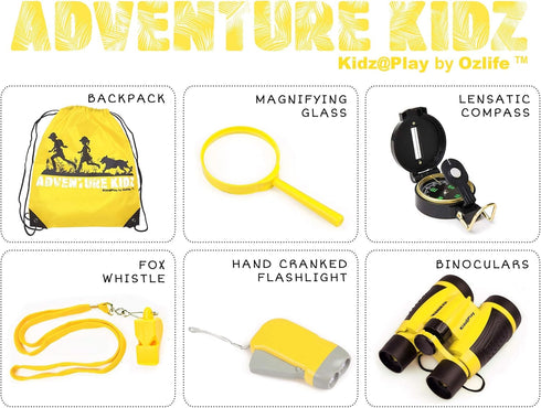Adventure Kidz Outdoor Exploration Kit, Yellow Backpack, Binoculars, Magnifying Glass, Lensatic Compass, Fox Whistle for Boys and Girls