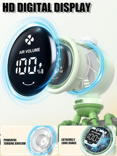 Generic 135 3-Color 6mm Portable Stroller Fan with Auto Oscillation, LED Night Light, Rechargeable Battery & Flexible