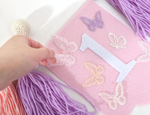BASCT 1st Butterfly Birthday High Chair Banner - Fairy Pink and Purple Tassel, Spring Decoration for Girls (Highchair