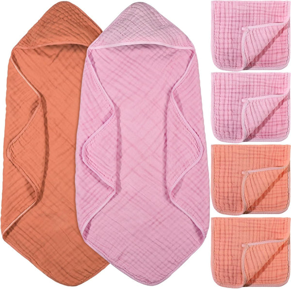 VitalCozy 6 Pcs Baby Muslin Hooded Bath Towels and Washcloths, Muslin Hooded