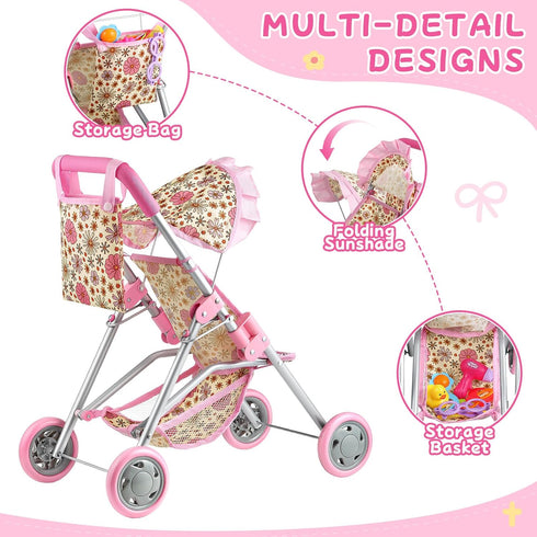 3+, GAGAKU Baby Doll Stroller, Foldable Toy Stroller with Storage Basket and Bag, Diaper, Reborn Doll Accessories