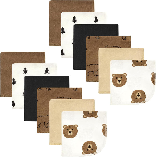 Hudson Baby Unisex Baby Flannel Cotton Washcloths, Brown Bear 12 Pack, One