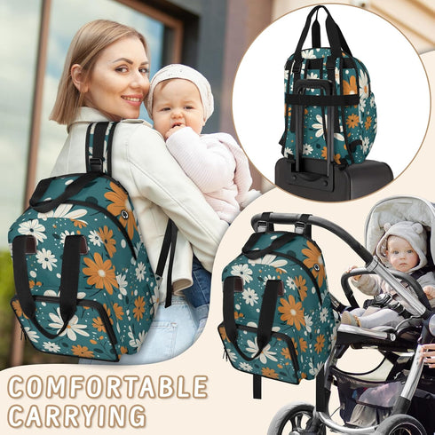Shoblo Backpack Retro Daisy Flowers Diaper Bag for Travel, Waterproof Diaper Bag with Insulated Bottle Pockets & USB