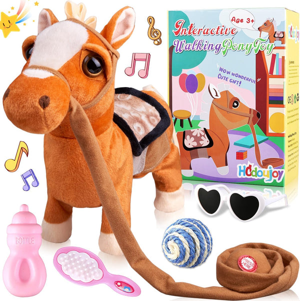 HCdoujoy Brown Walking Pony for Kids Plush Interactive Singing Dancing Musical Realistic Pet,