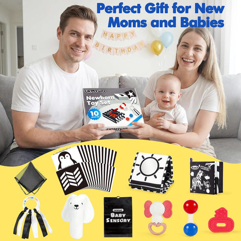 10 Tummy 0-6 URMYWO Pcs High Contrast Black and White Baby Toys for Newborn, Time Mirror, Rattle, Teether, Visual