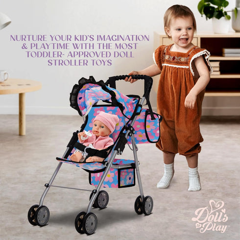 Dolls To Play Baby Doll Stroller for Girls, Toddler Play Toy Doll Buggy Carriage Foldable with Canopy Storage Basket