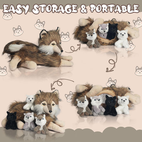 5 Pcs Wolf Plush Set, 16 Inch Stuffed Animal with Mini Baby Wolves, Soft Plushie for Birthday Party Favors
