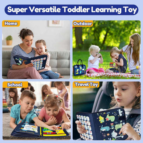 (Blue/P8) Qizfun Toddler Busy Board Montessori Toys Sensory Busy Book, Educational Learning Travel Toy for Airplane