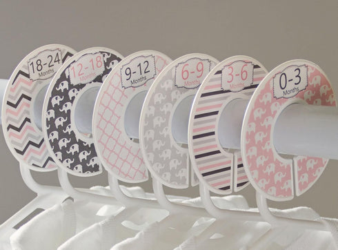C97 Baby Closety Dividers, Girl Pink Nursery Clothes Hanger Size Dividers, Organizer Elephant Gray, Set of 6
